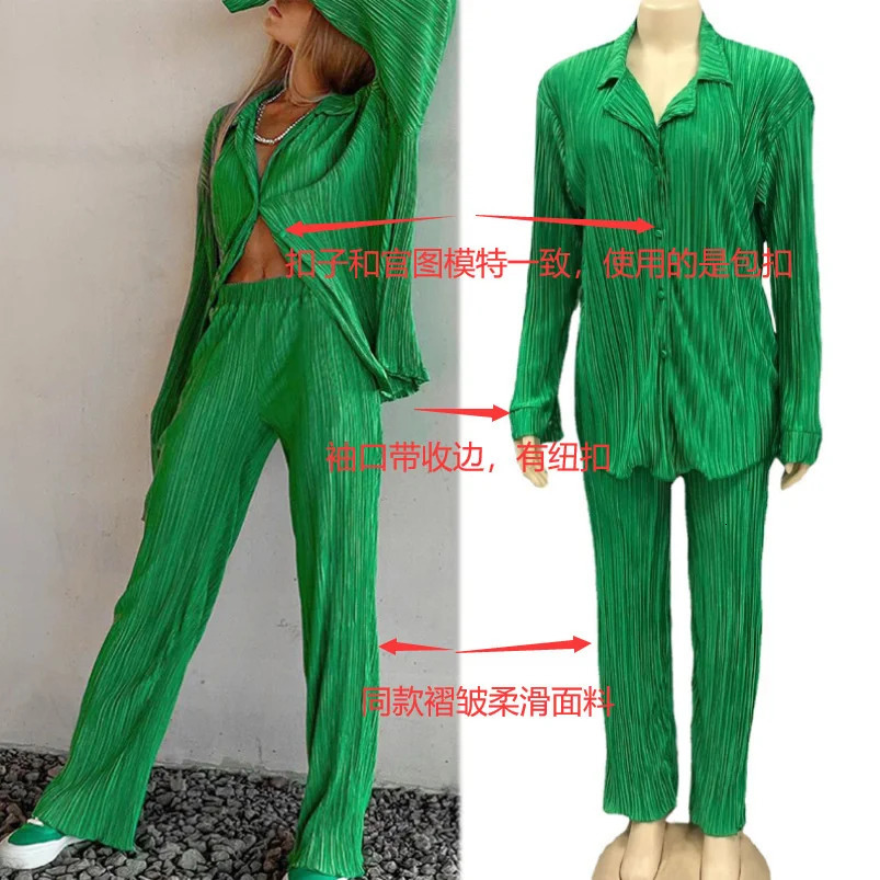 Women Two Piece Pleated Pants Suits Casual Chic Solid Color Long Sleeve Shirts Straight Leg Trousers Set Matching Sets 231226
