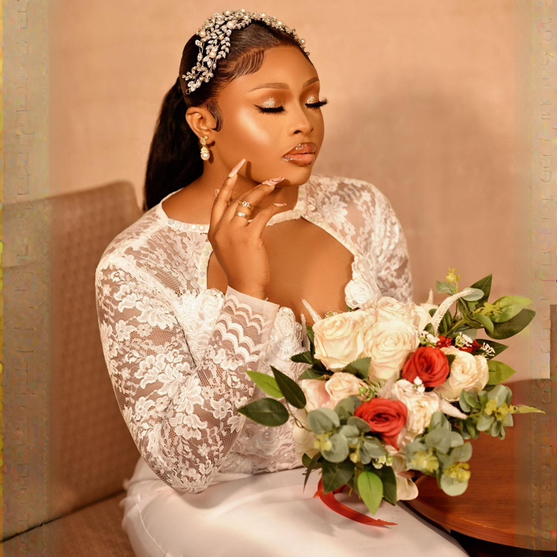 R&W Plus Size Illusion Trumpet Wedding Bride Tea Length Mermaid Long Sleeves Jewel Elegant Bridal Dress African Short Gown for Marriage Black Women D0