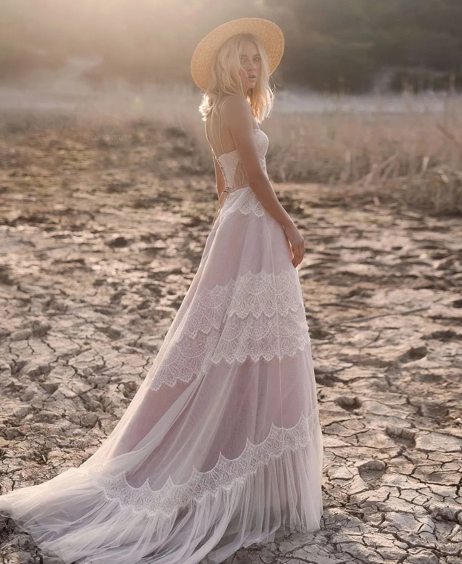 Nude/Champagn Bohemian A Line Wedding Dress 2024 Straps Lace Sleeveless Long Women Bridal Gowns Vestido De Novia Robe De Mariage