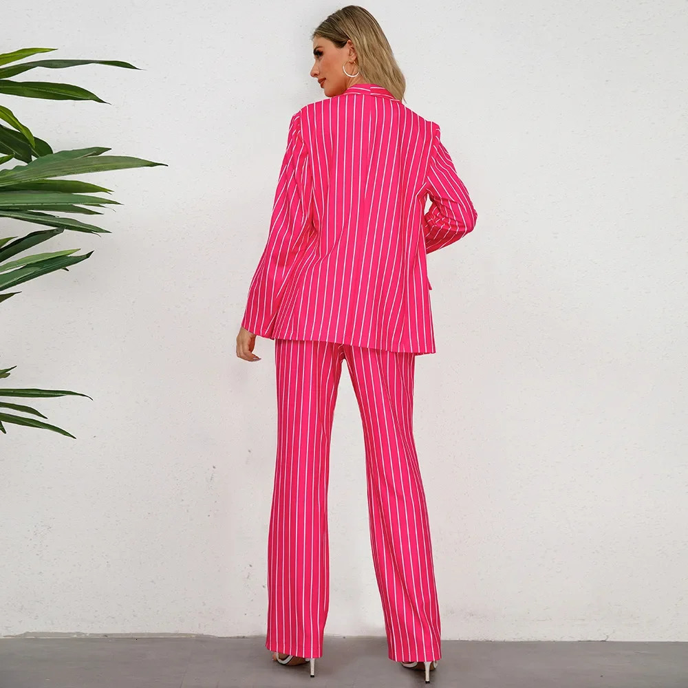 Women Two Piece Set Autumn Winter Stripe Casual Jacket Blazer Suit Office Wear Elegant Long Straight Wide Leg Pants Suit 231226