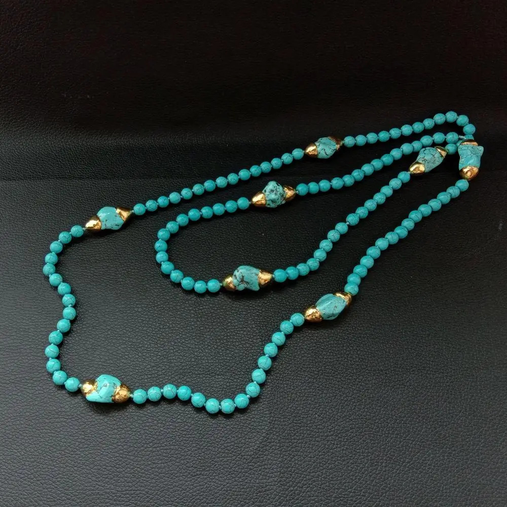 YYGEM 52'' 8MM Blue Turquoise Round Yellow Gold Plated Freeform Turquoise long sweater chain Necklace 231225