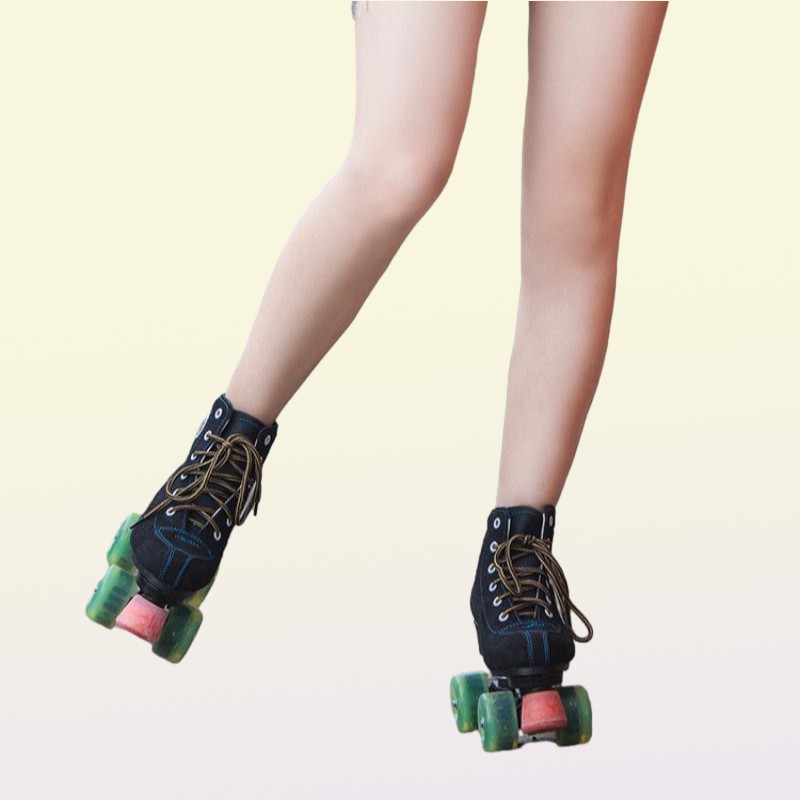 Leather Roller Skates Double Row Ladies Adult Two Rows 4 Rounds Shiny Shoes Inline