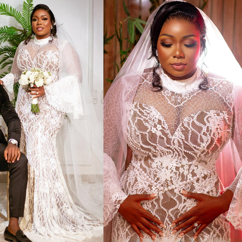 Mermaid Wedding Dress for Btide Plus Size Illusion Trumpet Bridal Dresses High Neck Long Sleeves Pearls Lace Mermaid Marriage Gowns for African Black 