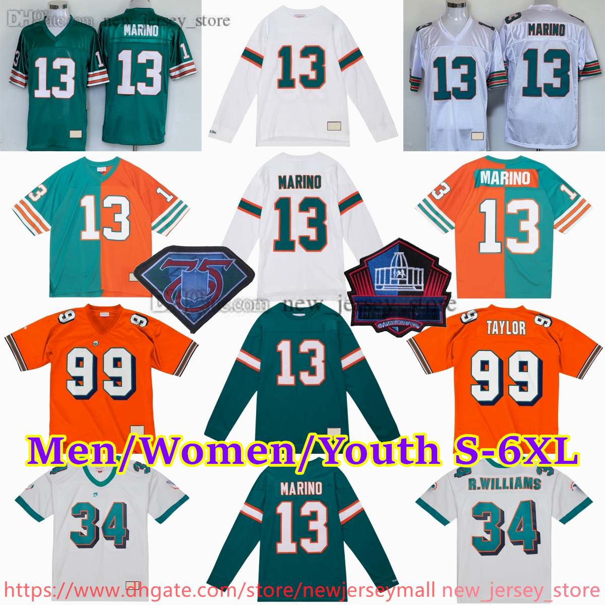 Custom S-6XL Throwback 1966-1999 Football 13 Dan Marino Jersey Stitch 23 Ronnie Brown 34 Ricky Williams 54 Zach Thomas 78 Richmond Webb 73 Bob Baumhower 99 Jason Taylor