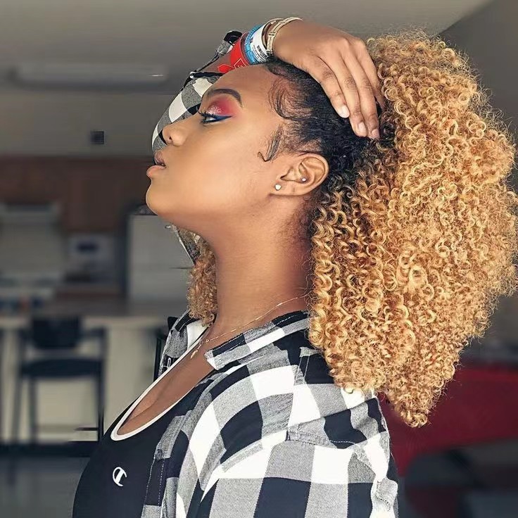 Virgin human blonde Afro Puff Drawstring Ponytail Extension for Black Women, Short Afro Puff Ponytail for Natural Hair, Clip On Kinky Drawstring Curly