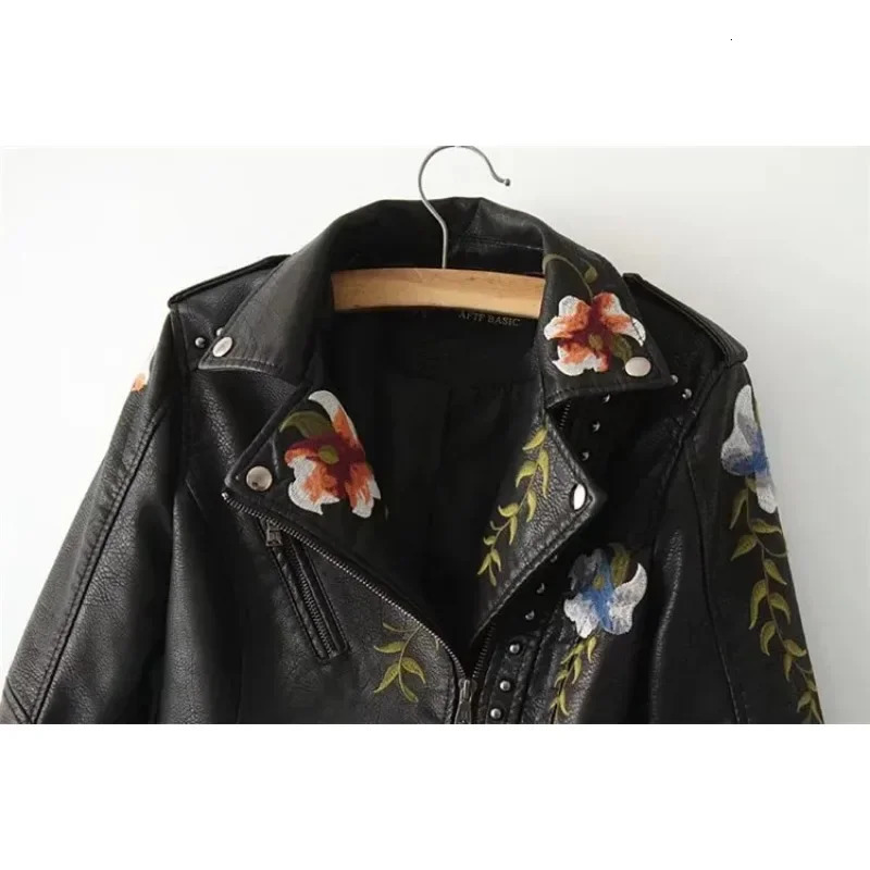 Embroidery faux leather PU Jacket Women Spring Autumn Fashion Motorcycle Jacket Black faux leather coats Outerwear Coat 231226