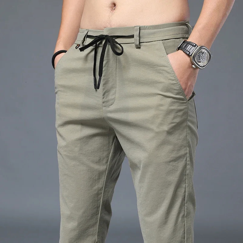 Korean Style Men Casual Pants Thin Summer Regular Fit Cargo Pants Elastic Waist Black Pants Fashion Gray Black Khaki 883 231226