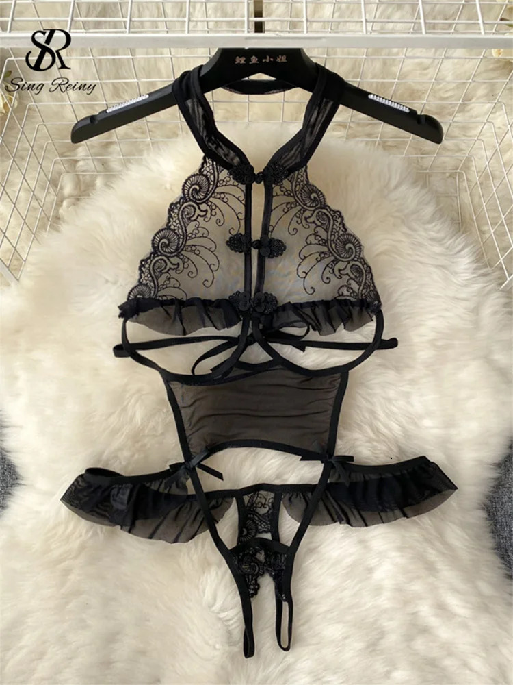 SINGREINY Female Sleevless Halter Playsuits Lace Sheer Open crotch Lingerie Rompers Women Erotic Hollow Out Sexy Bodysuits 231226