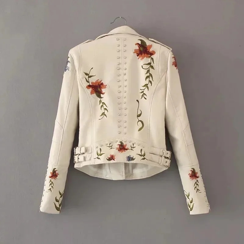 Embroidery faux leather PU Jacket Women Spring Autumn Fashion Motorcycle Jacket Black faux leather coats Outerwear Coat 231226