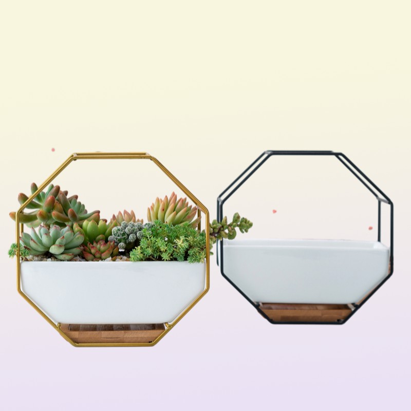 Hanging Succulent Flower Pots Ceramic Flowerpots Stand Holder Black Gold Iron Rack Bamboo Tray Desktop Geometric Cactus Planter Y28145728