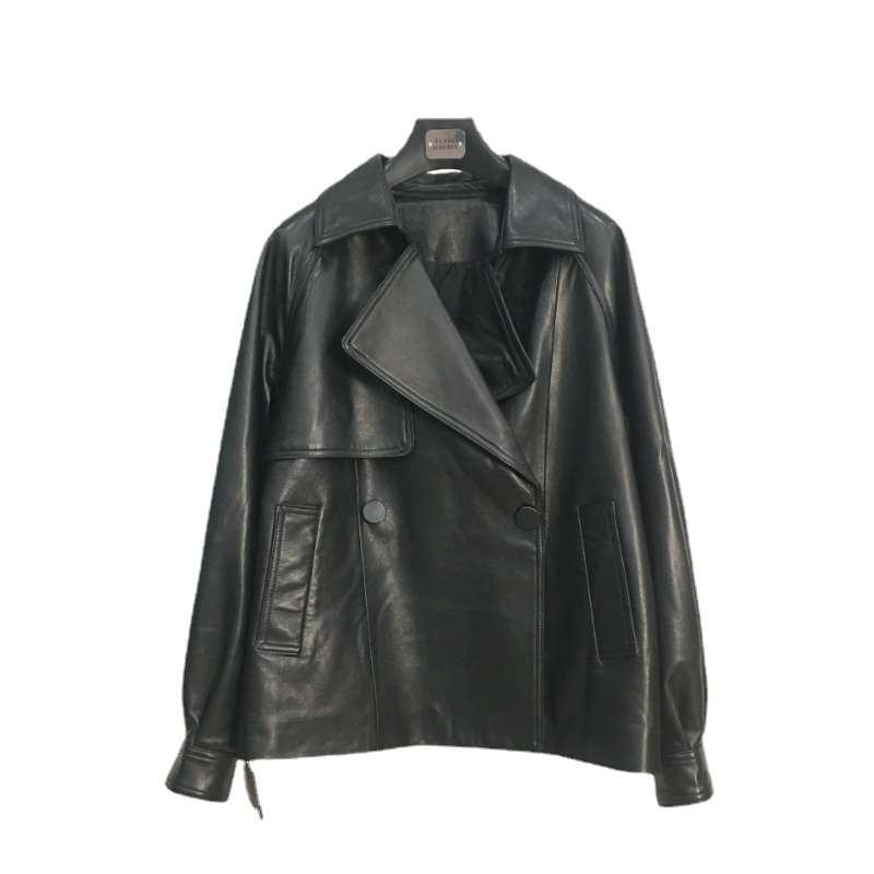 0C410M56 European and American Women's Coats Commuting Leather Clothing Autumn Winter Sheepskin Leather Jacket Belt Decoration