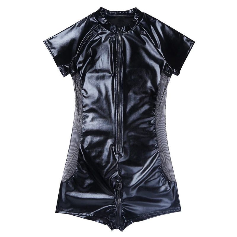 Black Wetlook Latex Catsuit Leather Man Jumpsuits S-3XL Stretch PVC Mesh Bodysuits Sexy Clubwear Men Open Crotch Vinyl Body Suit 231226