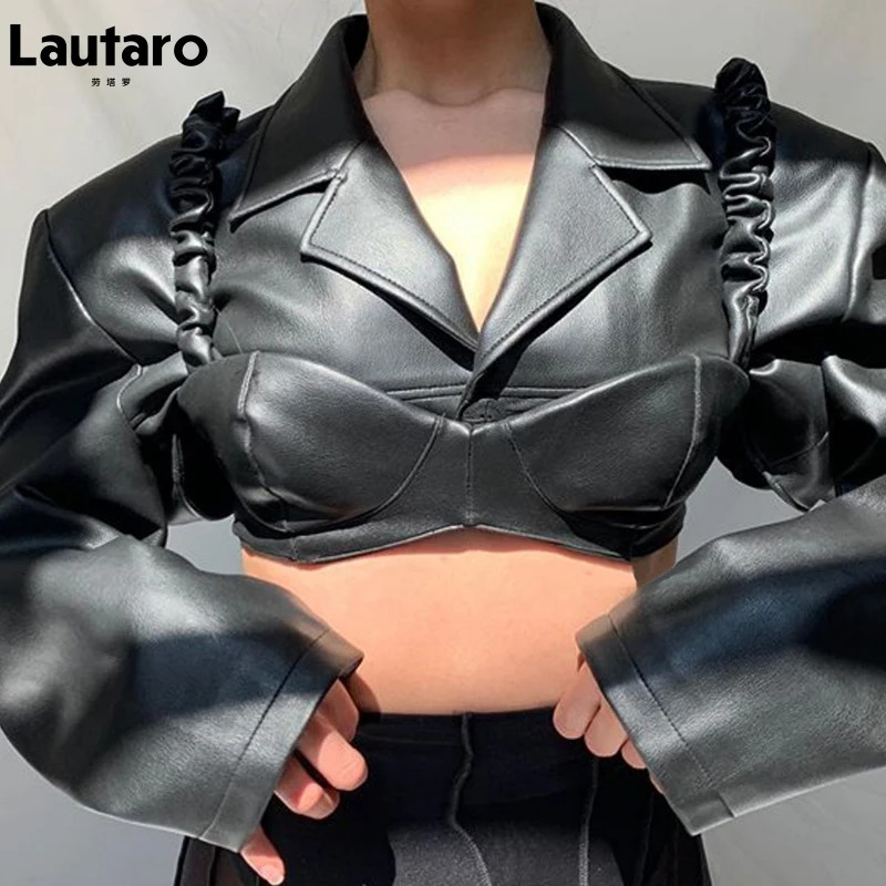 Lautaro Spring Autumn Short Black Light Faux Leather Jacket Women Long Sleeve Lapel Runway Stylish Sexy Fashion Cropped Top 231226