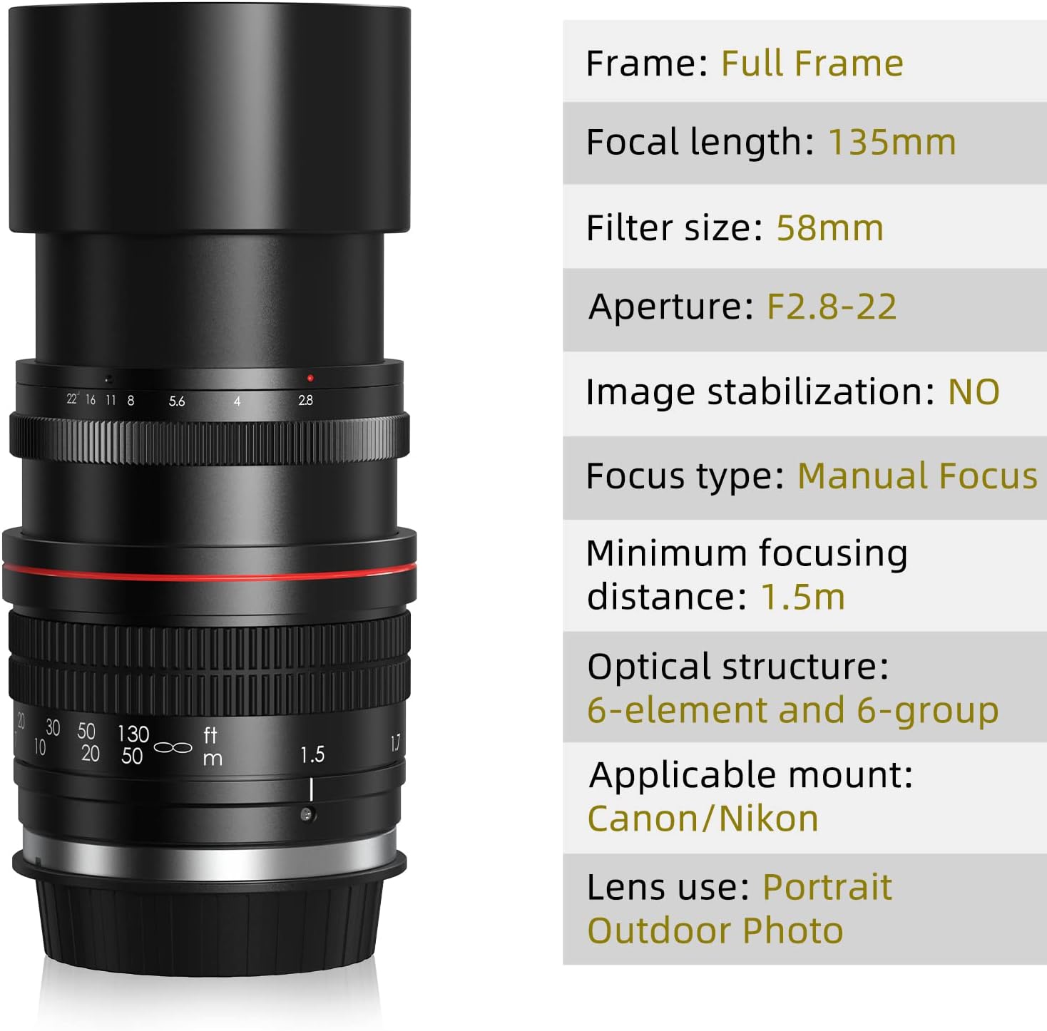 135mm f/2.8 Full Frame Telephoto Lens for Canon Rebel EOS 80D 77D 70D 60D 50D 7D 6D 5D 5DS 1DS T7i T7s T7 T6s T6i T6 Nikon D7000 D7100 D7200 D7300 80D