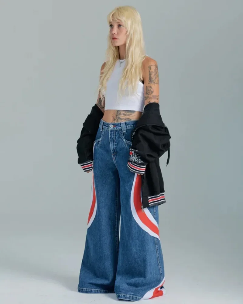 Women's Jeans JNCO Y2K Womens Stripe Hypnotic Patterns Baggy Denim Pants Haruku Hip Hop High Waisted Wide Leg Trouser Streetwear