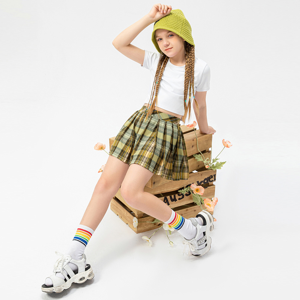 LU Children's Dress Tennis Skirt Grid Pleated Skirt Girls' Sports Short Skirt Dance Training Short Skirt Pants