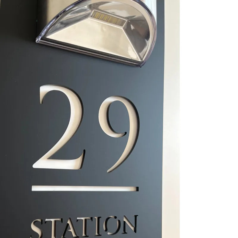 29cm Premium Solar House Sign LED Illuminated Laser Cut Contemporary Modern Door Number Plaque Matte Black White Mirror Silver 231226