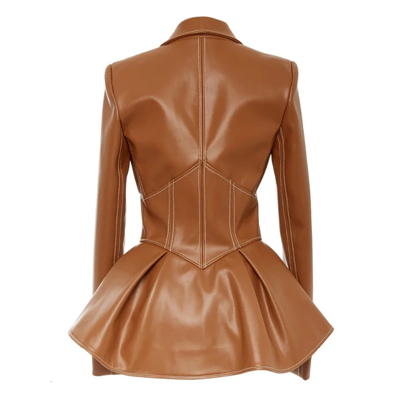 Women's Autumn Jacket Turn-Down Collar Full Sleeves High Waist Zippers Short PU Leather Coat Faux Leather Corset Jacket 231226