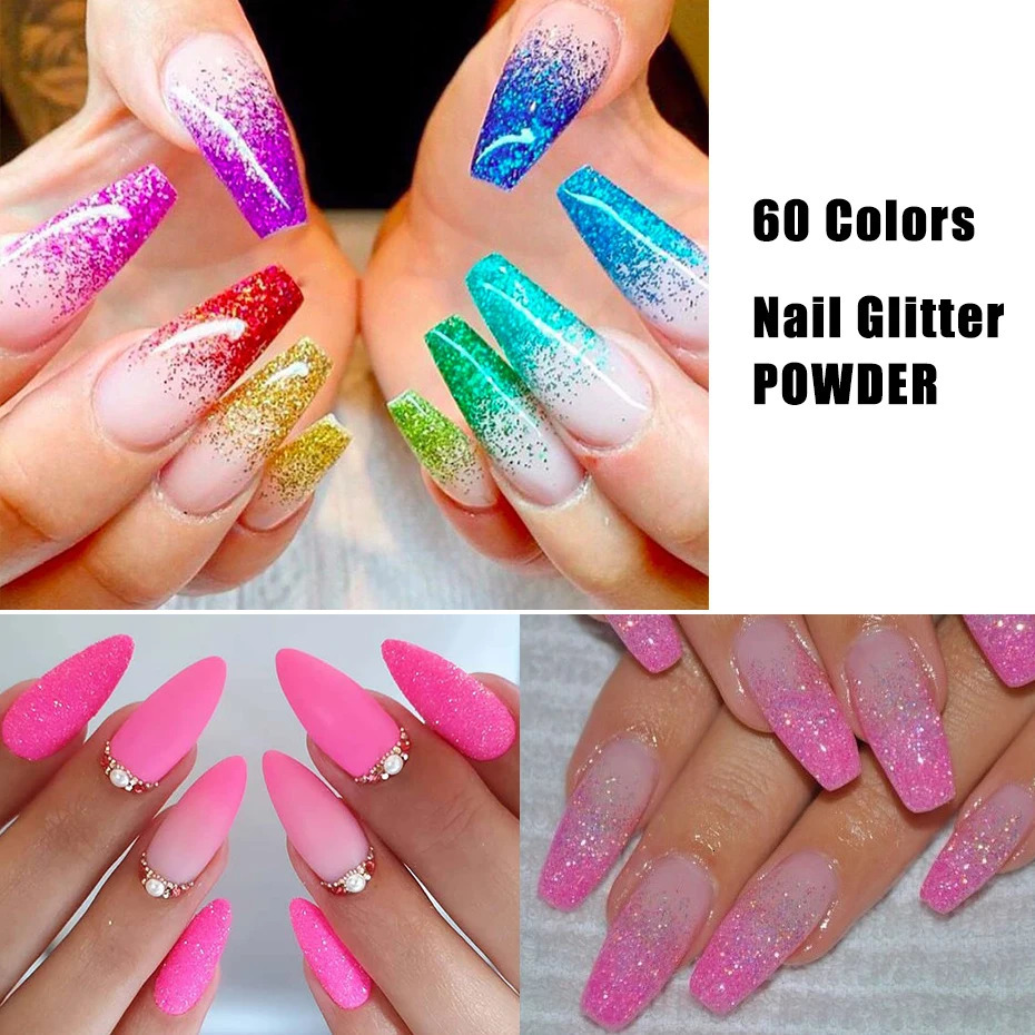 60pcs/Set Nail Art Glitter Sequins Mix Blue Gold Silver White Colors Sugar Sanding Powder Pigment Dust Nail Supply Decorations 231227