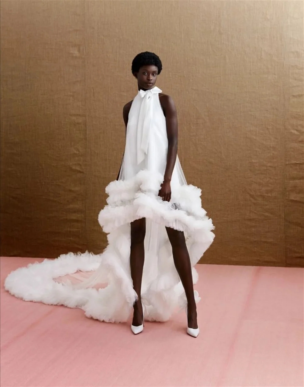 Sexy White High Low Prom Dress 2024 High Neck Ruffles Train Tulle Women Formal Prom Birthday Gown Celebrity Wear Robe De Soiree