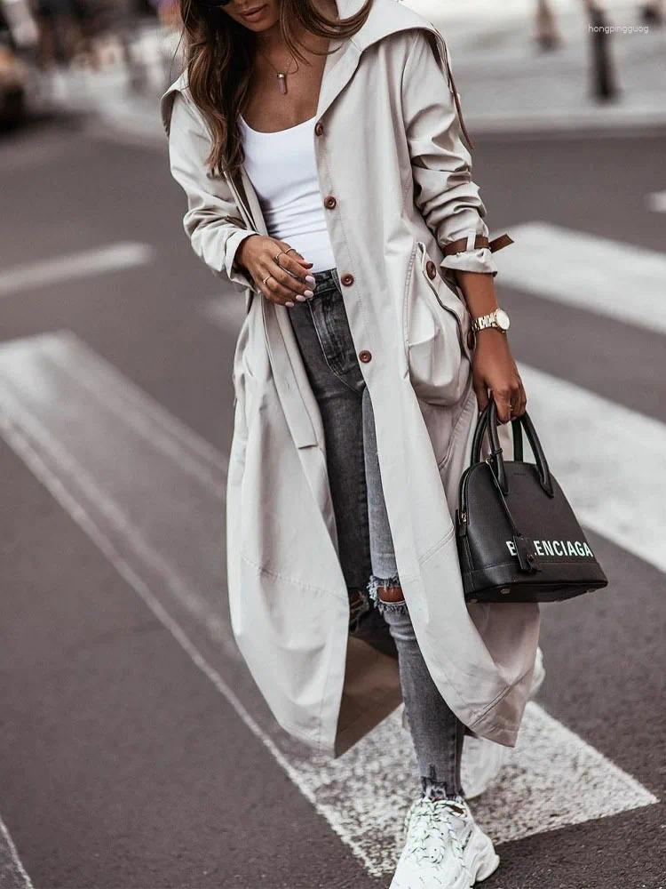 Women's Trench Coats All-match Coat Women Korean Fashion 2023 Fall Single Breasted Pocket Design Belted Hem CasualElegant Oversize Jacket