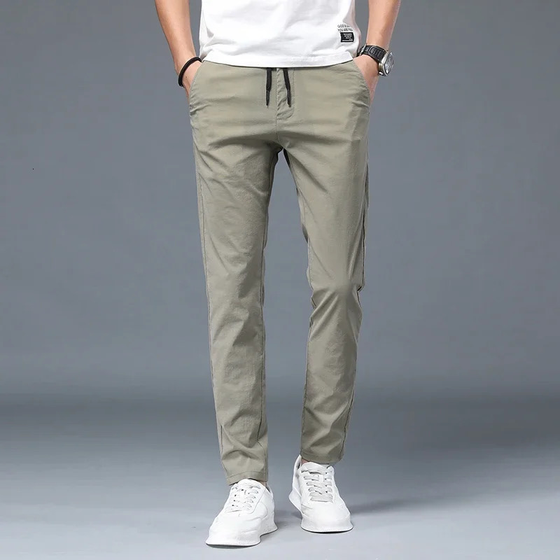 Korean Style Men Casual Pants Thin Summer Regular Fit Cargo Pants Elastic Waist Black Pants Fashion Gray Black Khaki 883 231226