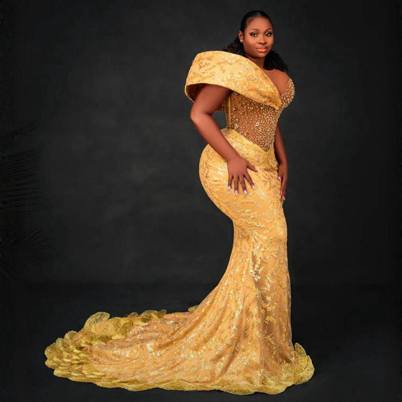 Plus Size Aso Ebi Prom For Special Ocns Gold Mermaid Sheer Neck Beaded Shine Evening Formal Dresses Birthday Party Gowns Engagement Gala Gown St712 66