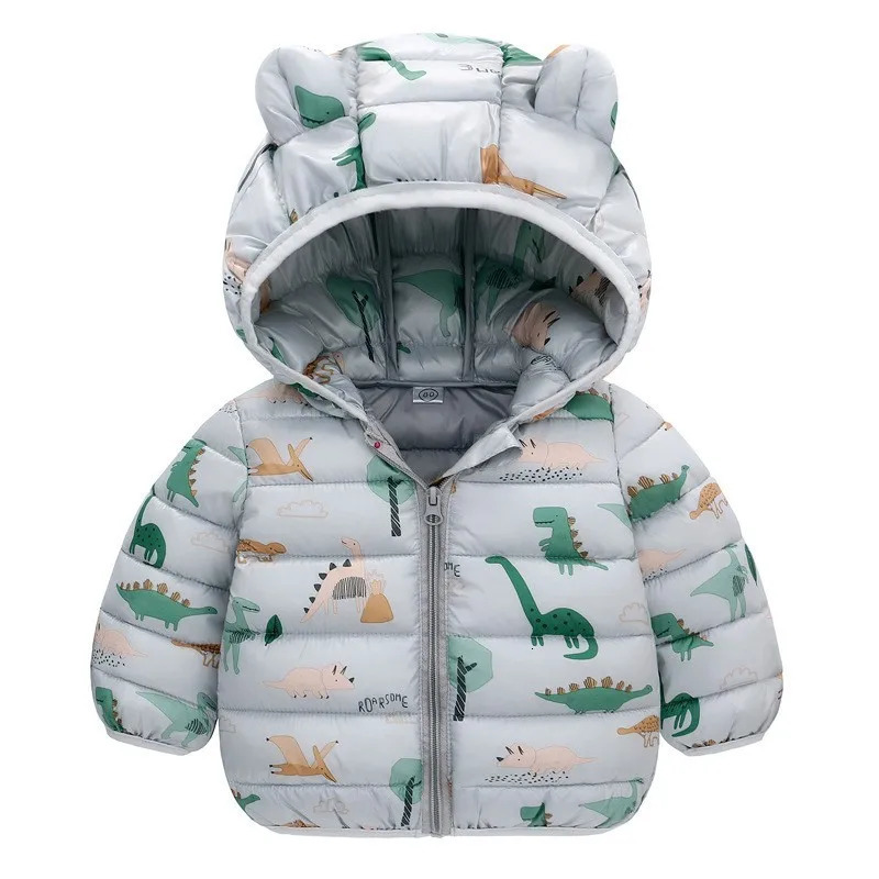 Children Boys Baby Hooded Lightweight Down Jackets Warm Outerwear Autumn Kids Girls Coats Cartoon Dinosaur Print Casual Clothing 231226