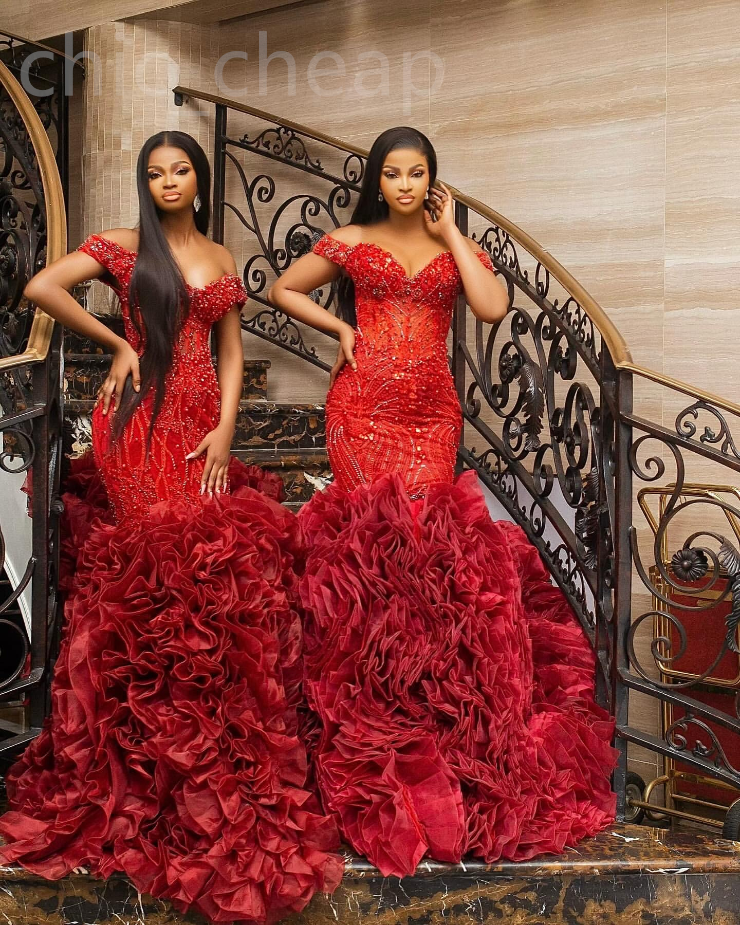 Mermaid Prom Dress Red Sequined Lace Evening Gowns With Detachable Train For Birthday, Engagement, Reception 6660311