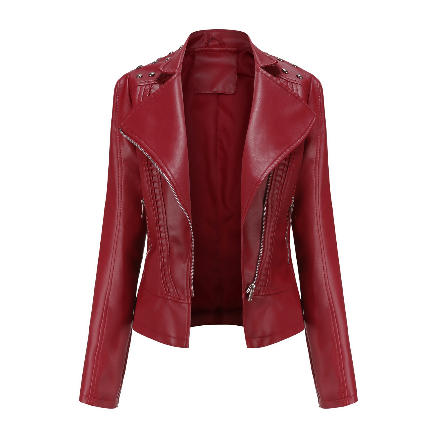 0C580M09 Women's Faux Leather Coats Spring and Autumn Jackets Slim Fit Thin Motorcycle Suit with DIY Accessories