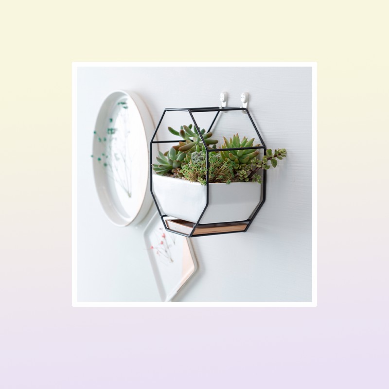 Hanging Succulent Flower Pots Ceramic Flowerpots Stand Holder Black Gold Iron Rack Bamboo Tray Desktop Geometric Cactus Planter Y28145728