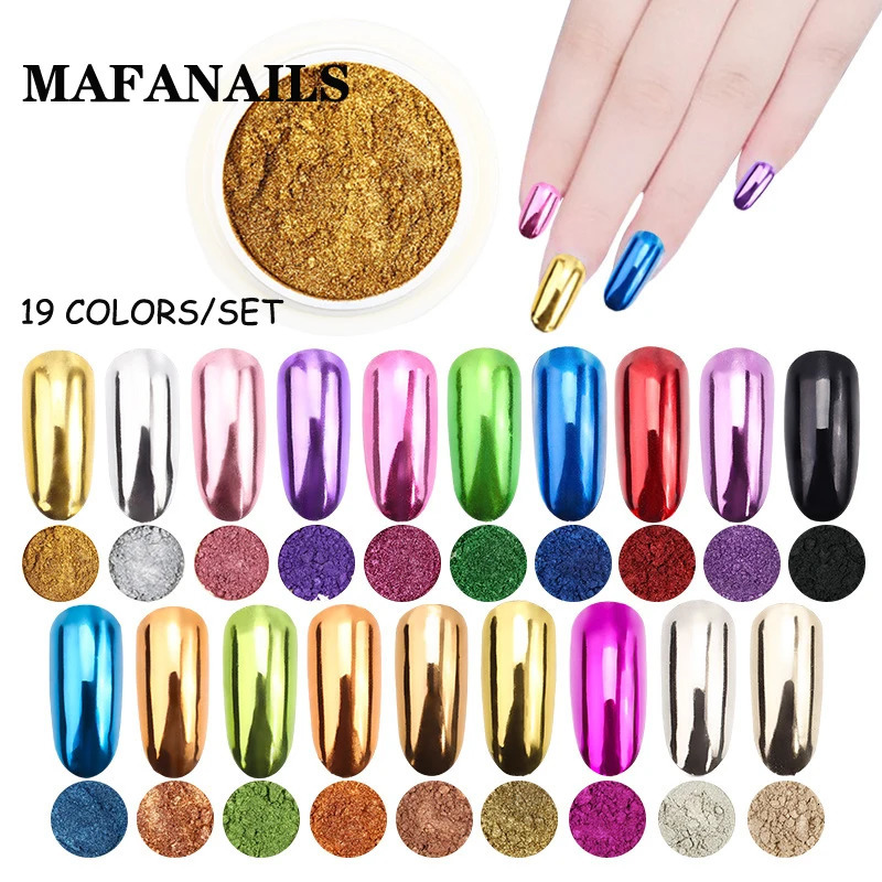 19 Jar/set Mirror Rub Nail Powder Metallic Mirror 19 Colors Glitter Metal Effect Nail Art UV Polish Chrome Pigment Powder 0.5g 231227