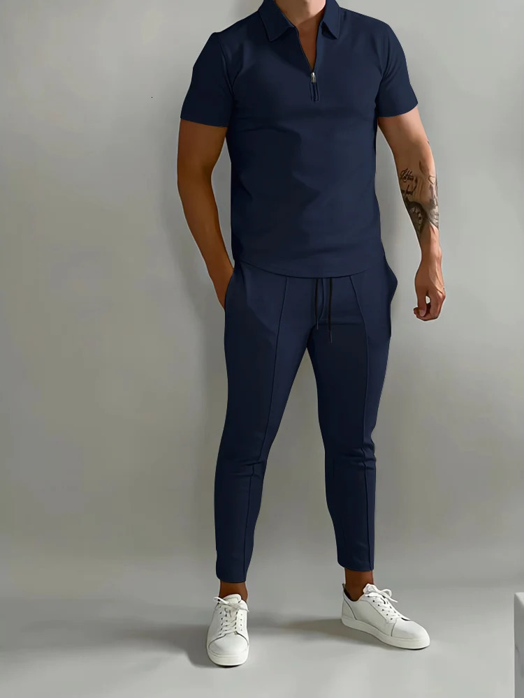 Solid Color Mens Short Sleeve Polo Shirt Suit Summer Casual Calf Streetwear Male Tracksuit Pants 2-piece Set 231226