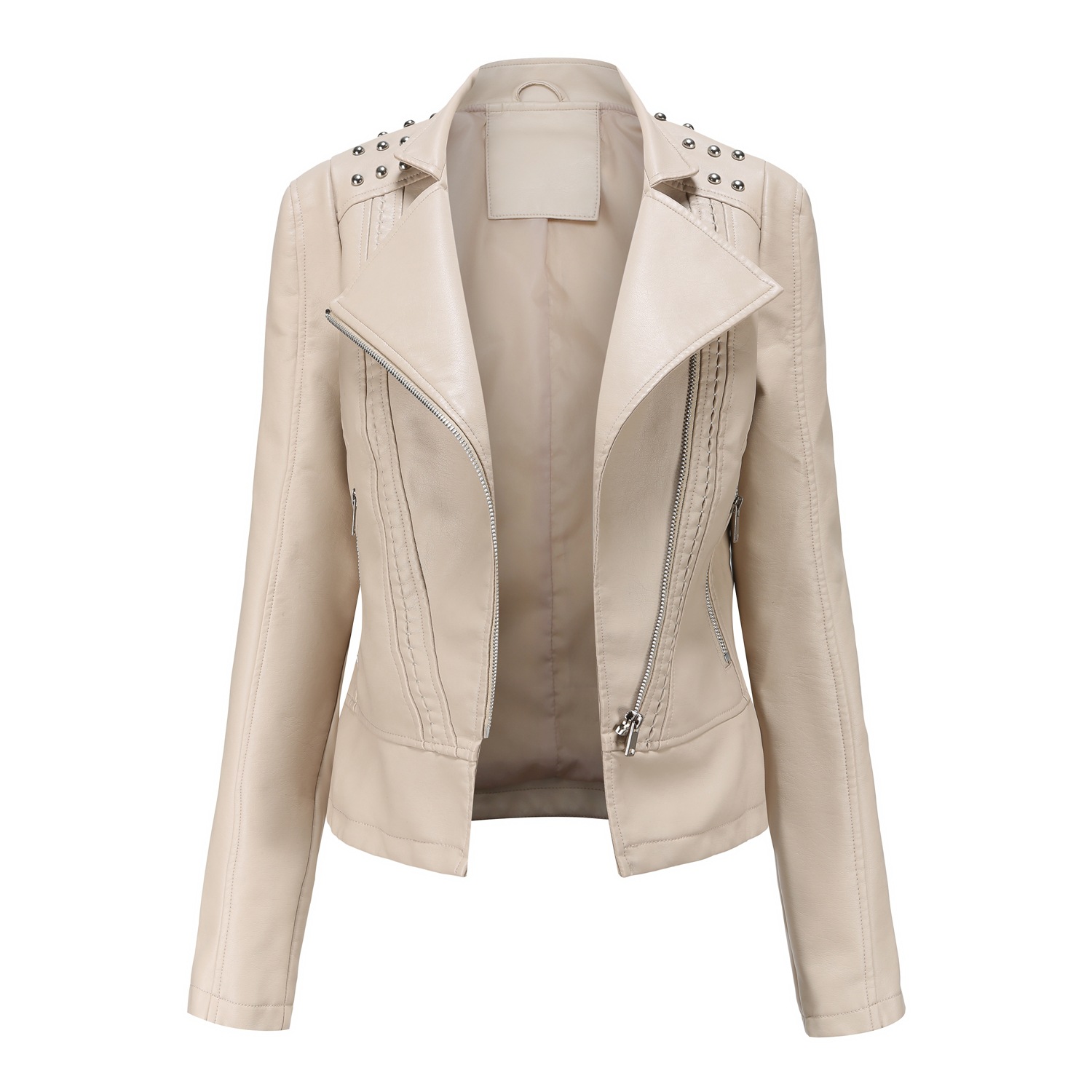 0C580M09 Women's Faux Leather Coats Spring and Autumn Jackets Slim Fit Thin Motorcycle Suit with DIY Accessories