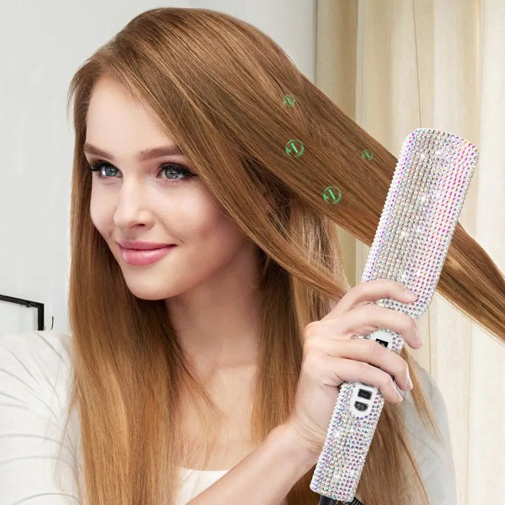 Rhinestone Flat Iron Hair Straightener Professional Dual Voltage Straightening Irons LCD Display 2 Inch Plate Irons 231227