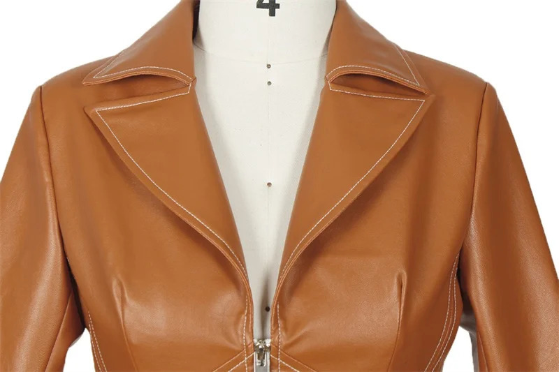 Women's Autumn Jacket Turn-Down Collar Full Sleeves High Waist Zippers Short PU Leather Coat Faux Leather Corset Jacket 231226