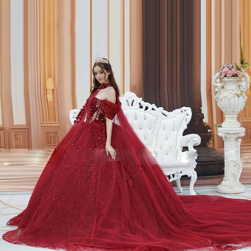 Newest Quinceanera Dresses 2024 Off the Shoulder Ball Gown Sweet 15 Dress with Cape 3D Flower Appliques Junior Birthday Party Gown