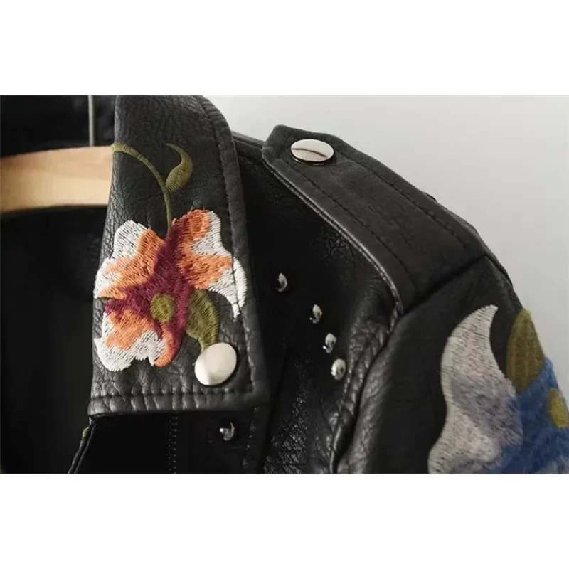 Embroidery faux leather PU Jacket Women Spring Autumn Fashion Motorcycle Jacket Black faux leather coats Outerwear Coat 231226