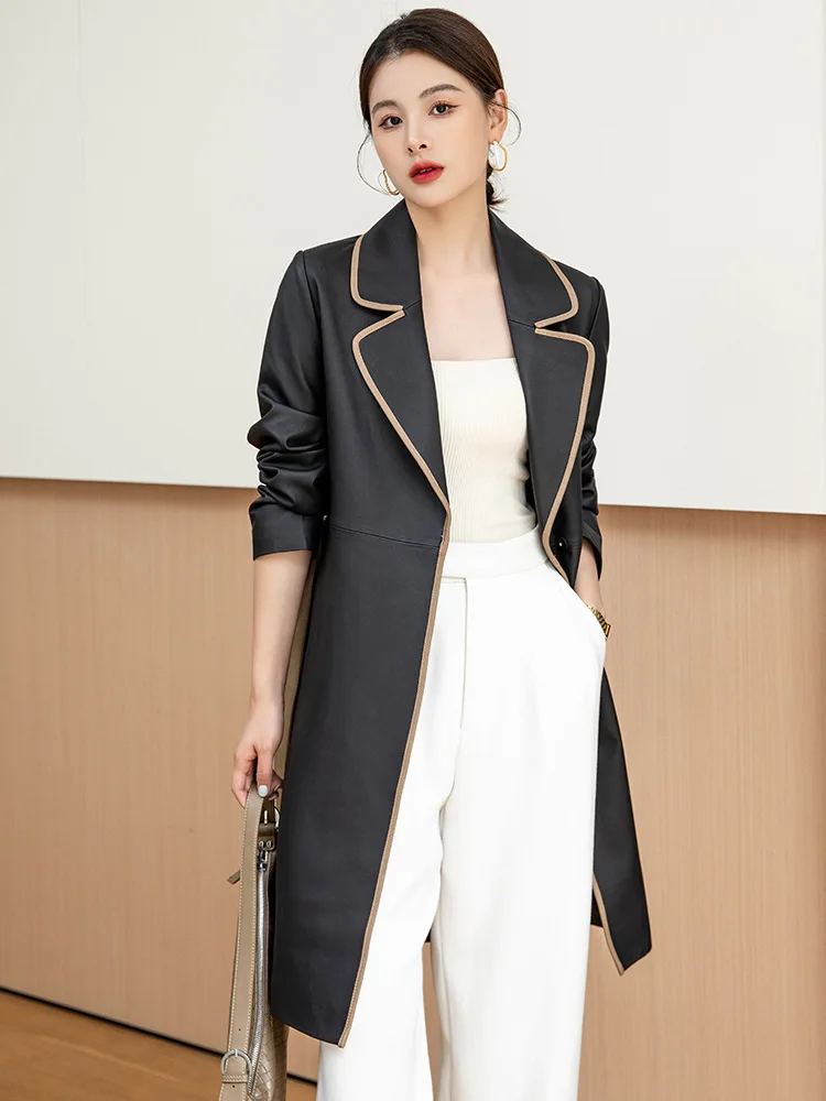 248M56 LOW Key Hobo Autumn and Winter Womens Sheepskin Long Coat Lace Up Windbreaker Genuine Leather Coat Mid Length