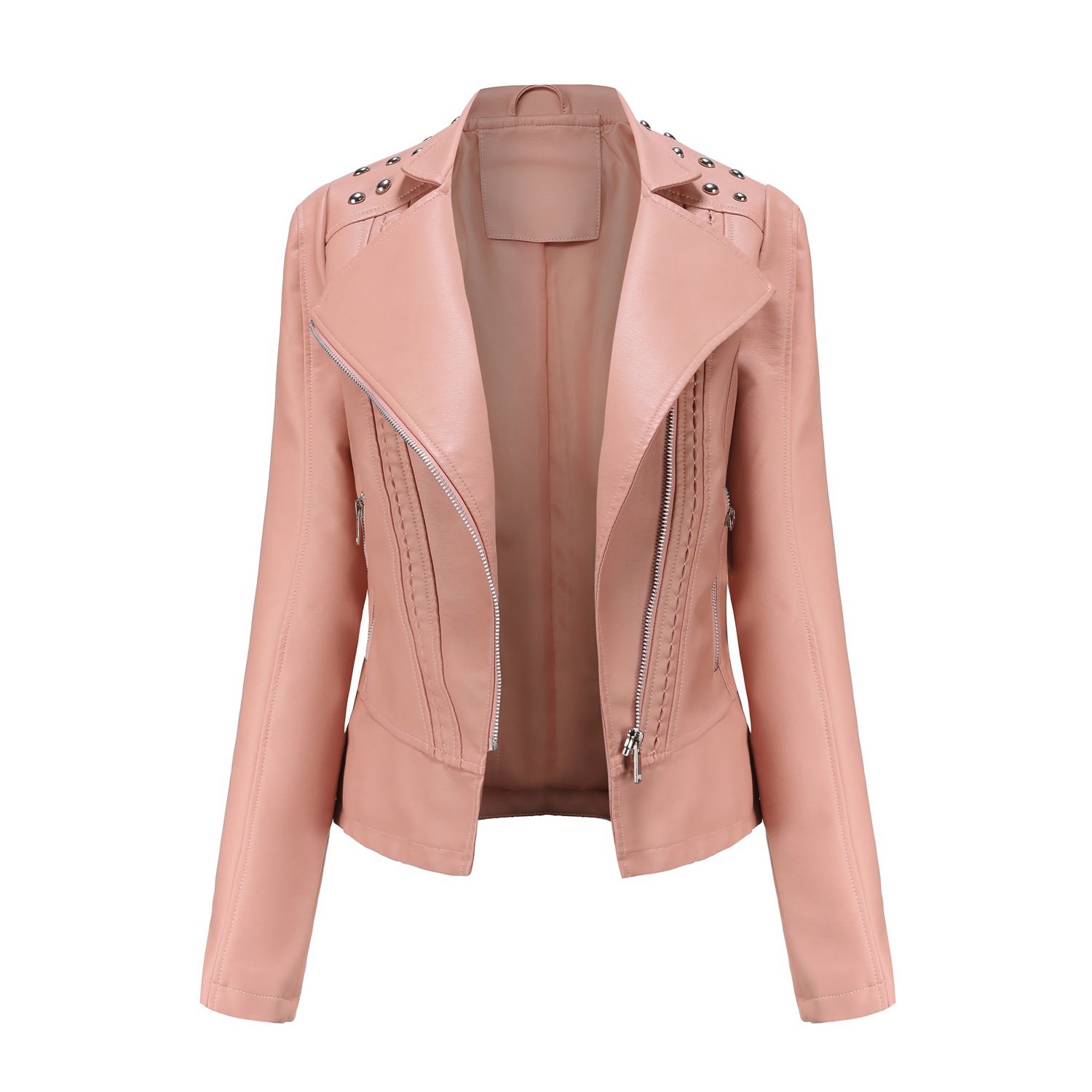 0C 469M80 New Sp33dy B Women's Beaded Leather Jacket Long Sleeved Fashionable Coats Flip Collar Motorcycle Suit Slim Edition