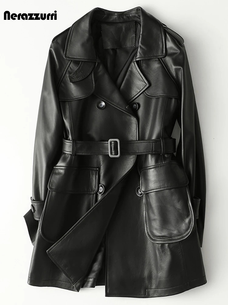 Nerazzurri Spring Autumn Black Leather Jacket Women Raglan Sleeve Belt Double Breasted Faux Leather Cargo Jackets 5xl 6xl 7xl 231226