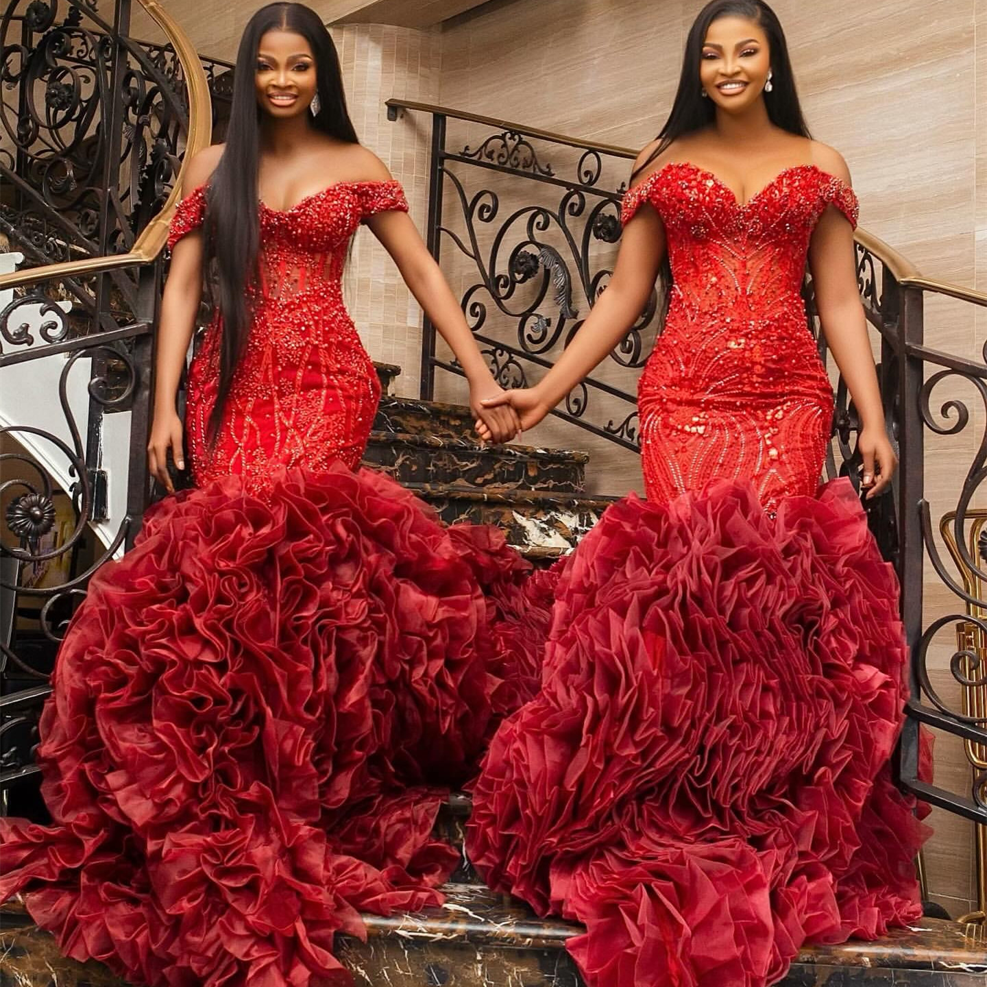 Mermaid Prom Dress Red Sequined Lace Evening Gowns With Detachable Train For Birthday, Engagement, Reception 6660311