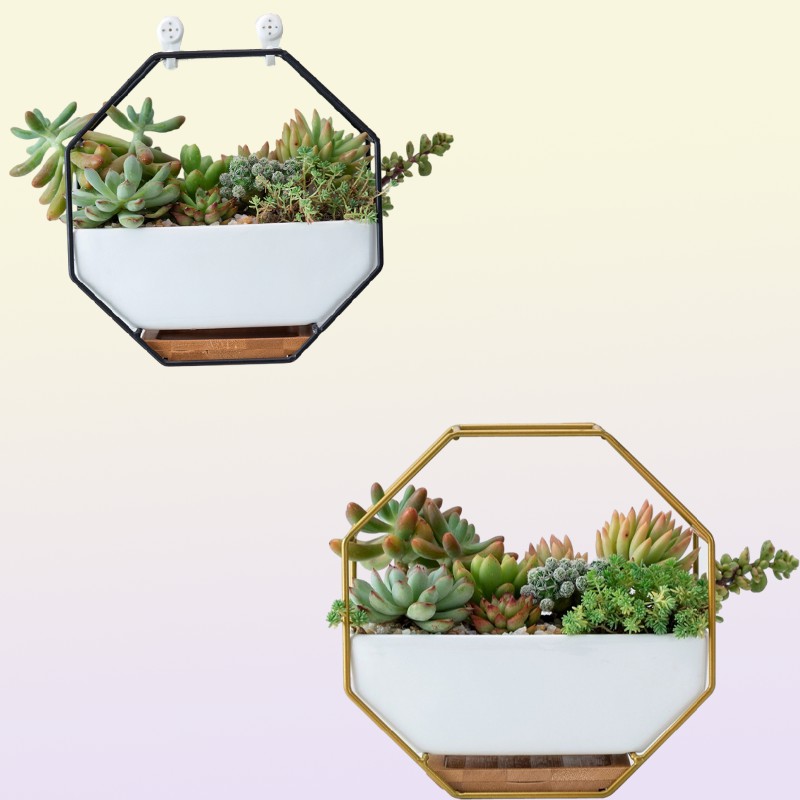 Hanging Succulent Flower Pots Ceramic Flowerpots Stand Holder Black Gold Iron Rack Bamboo Tray Desktop Geometric Cactus Planter Y2