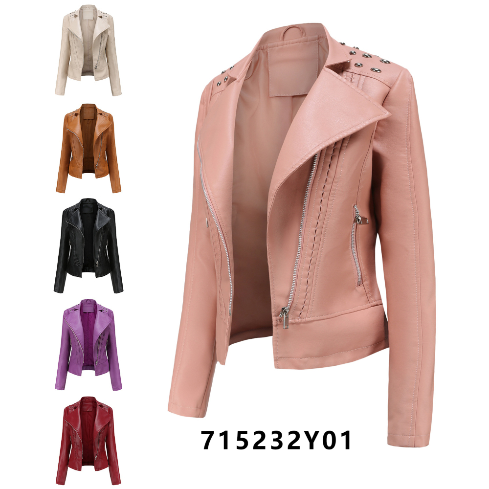 0C 469M80 New Sp33dy B Women's Beaded Leather Jacket Long Sleeved Fashionable Coats Flip Collar Motorcycle Suit Slim Edition