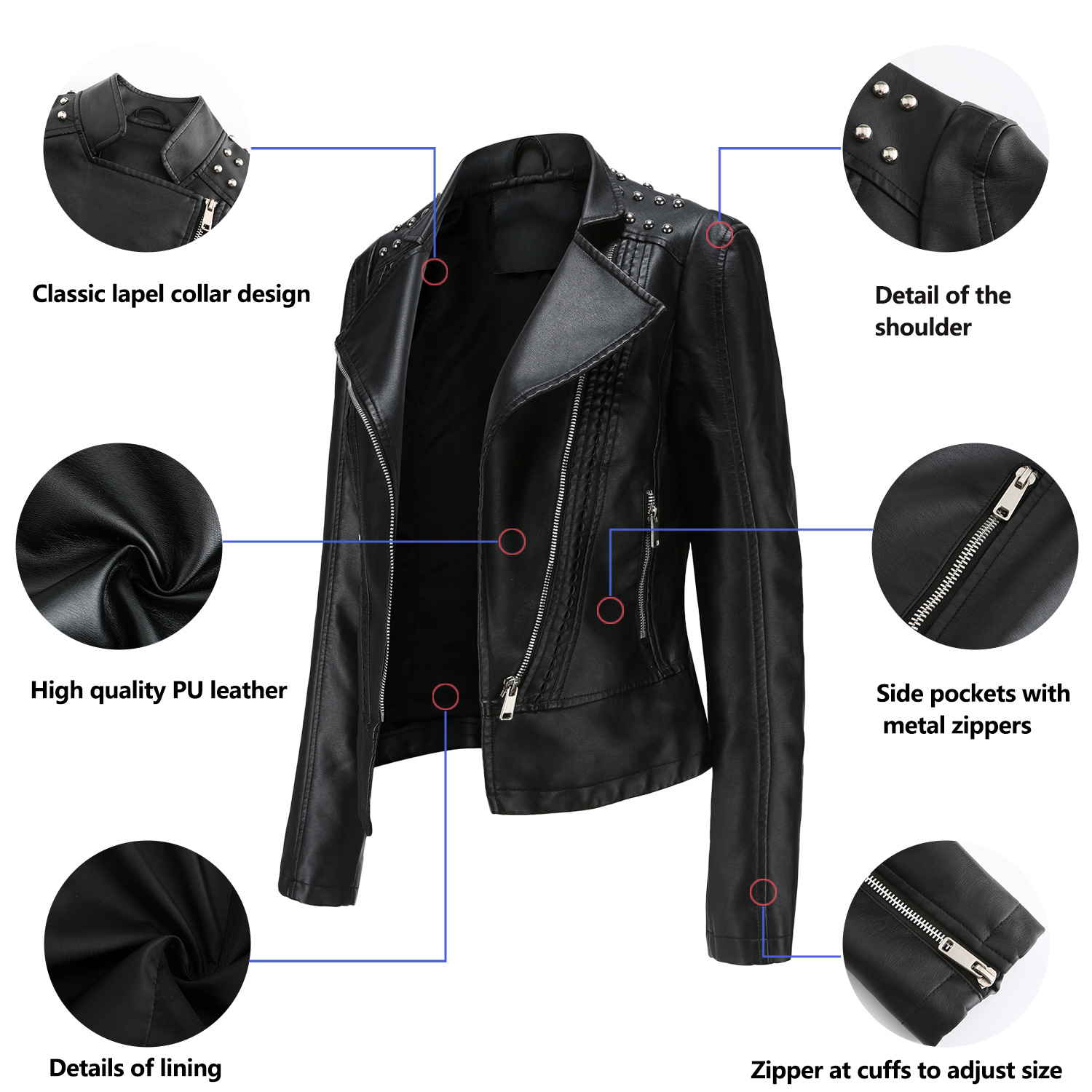 0C 469M80 New Sp33dy B Women's Beaded Leather Jacket Long Sleeved Fashionable Coats Flip Collar Motorcycle Suit Slim Edition