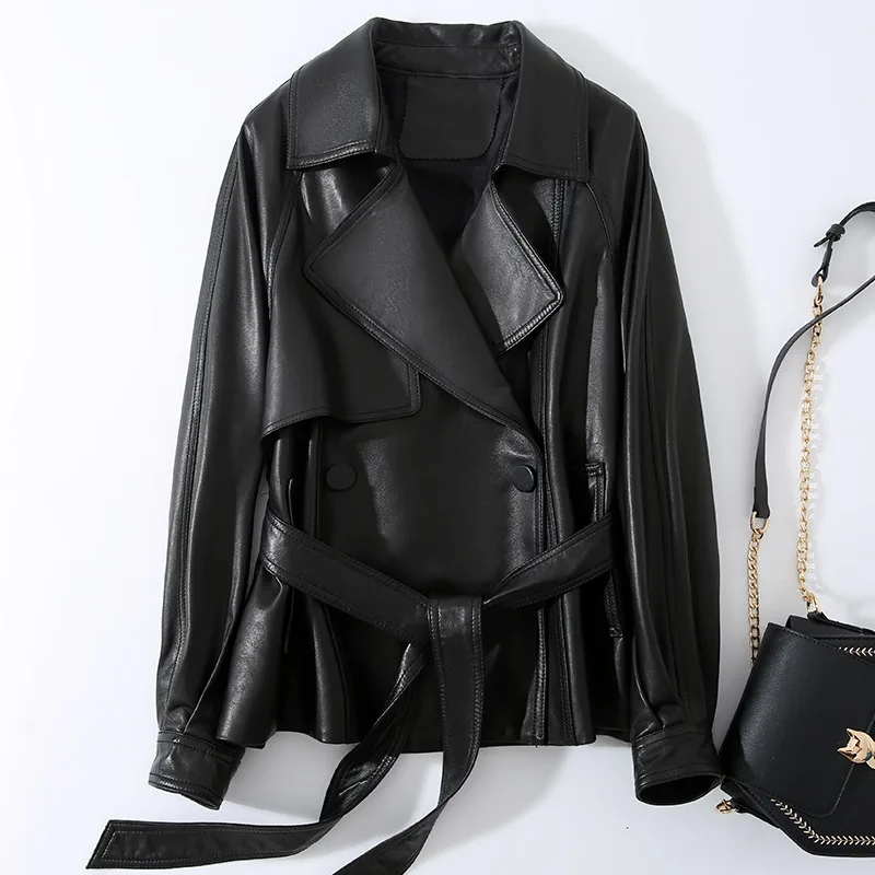 0C410M56 European and American Women's Coats Commuting Leather Clothing Autumn Winter Sheepskin Leather Jacket Belt Decoration