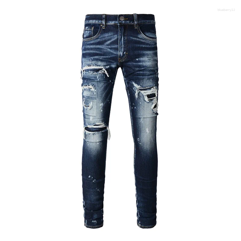 Men's Jeans Blue Distressed Streetwear Style Pants Bandana Ribs Patches Stretch Holes Slim Fit High Street Ripped