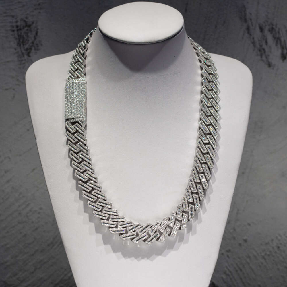 Hip Hop Men Luxury Cuban Chain 20mm Width Baguette Three-row Moissanite Miami Full Iced Out Cuban Link Chain Necklace