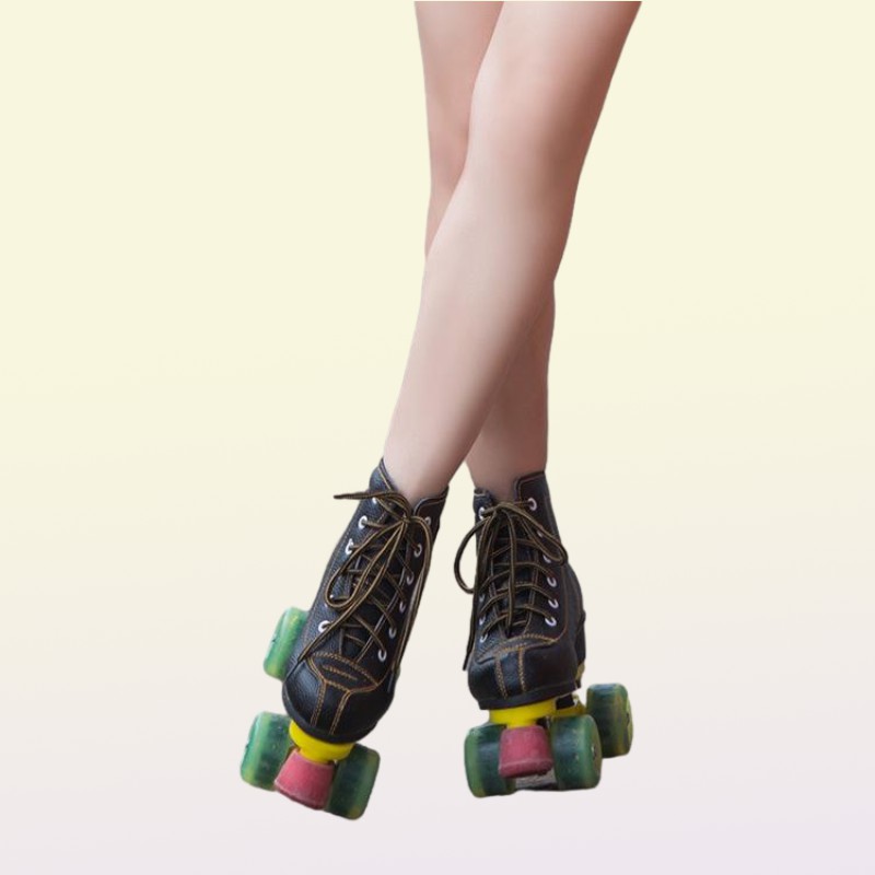 Leather Roller Skates Double Row Ladies Adult Two Rows 4 Rounds Shiny Shoes Inline