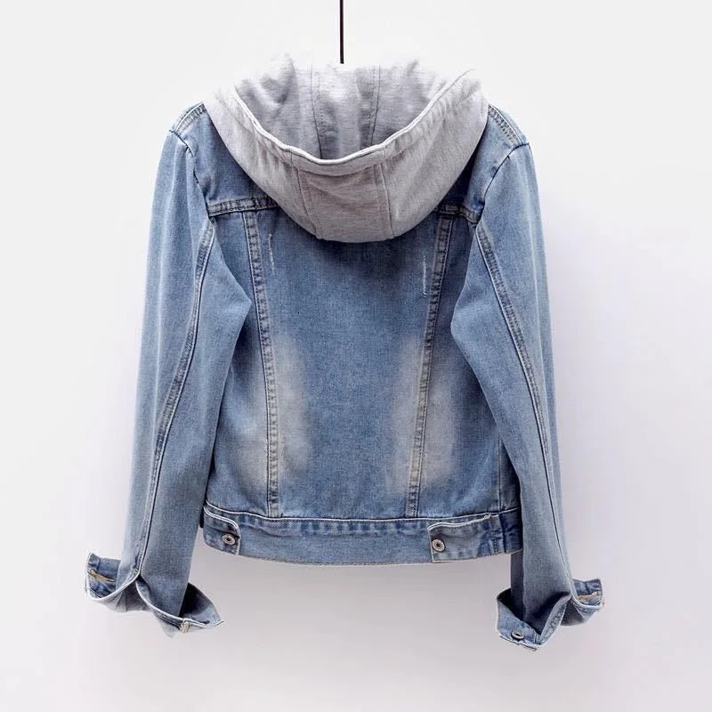 Korean Hooded Cowboy Denim Jacket Suit Women Outwear Jean Slim Coat Female In Outerwears Students Varsity Clothing 231227